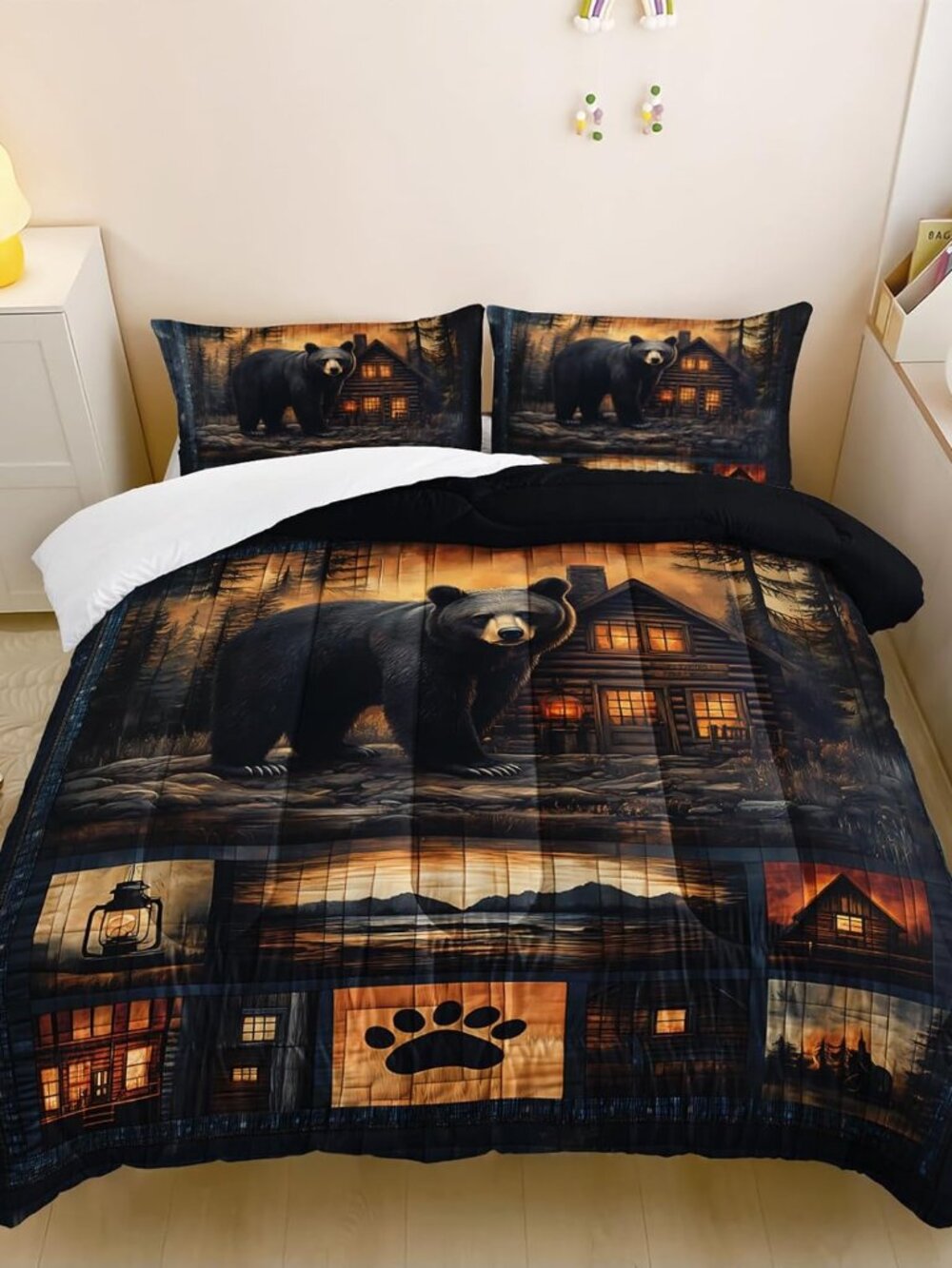 Black Bear Comforter Set Twin Size for Boys Kids,Rustic Theme Woodland Cabin Lod
